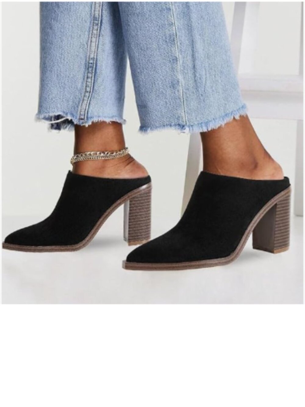 FOWT Black Pointed Toe Slip On Mules Stacked Block High Heel Sandal Comfortable